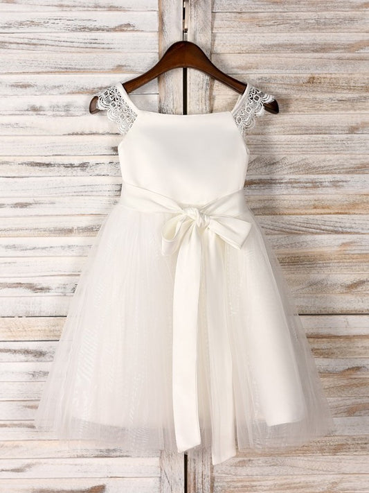 Tea-Length Sash/Ribbon/Belt Scoop A-Line/Princess Sleeveless Tulle Flower Girl Dresses