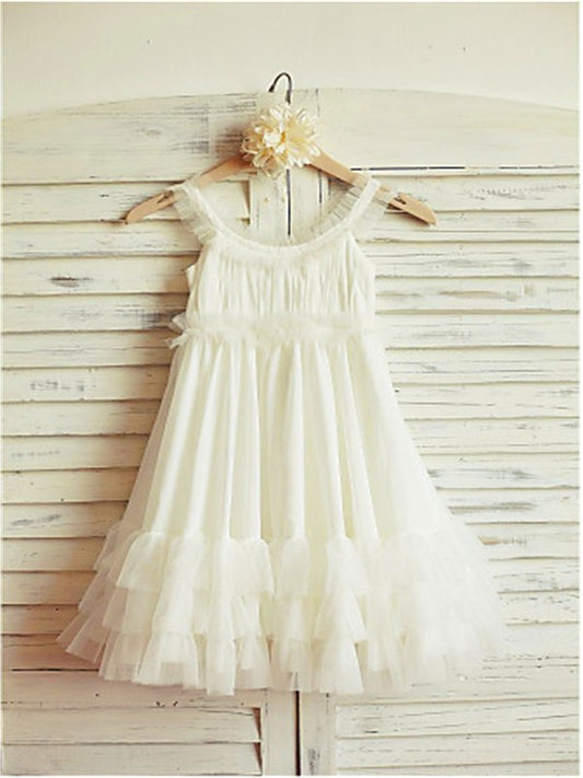 Straps A-line/Princess Chiffon Tea-Length Sleeveless Ruffles Flower Girl Dresses