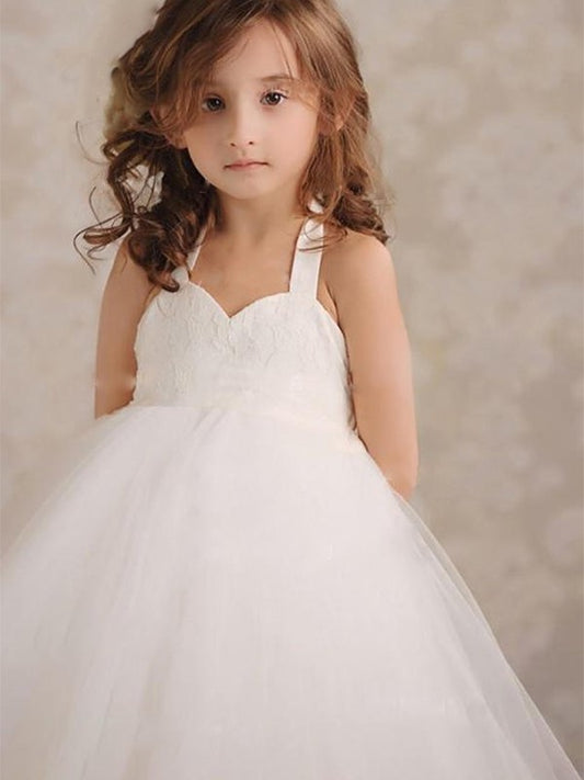 Gown Ball Knee-Length Sleeveless Tulle Halter Applique Flower Girl Dresses