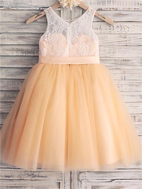 Tea-Length Sash/Ribbon/Belt A-line/Princess Tulle Scoop Sleeveless Flower Girl Dresses