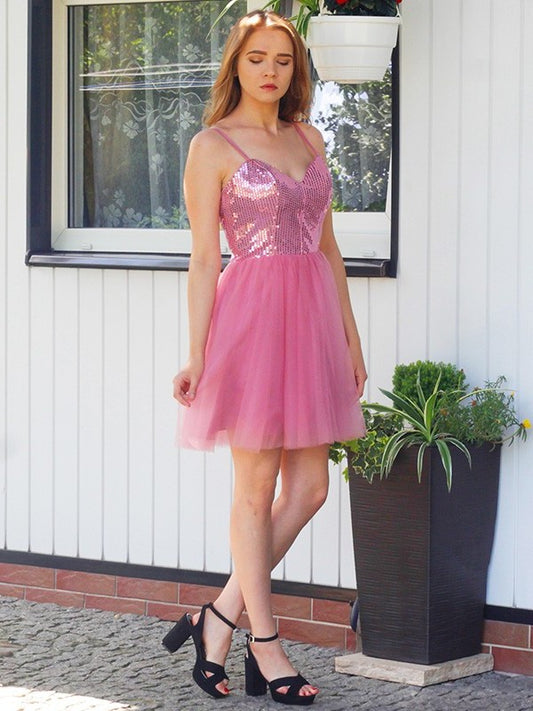 Spaghetti Sleeveless A-Line/Princess Sequin Tulle Straps Short/Mini Homecoming Dresses