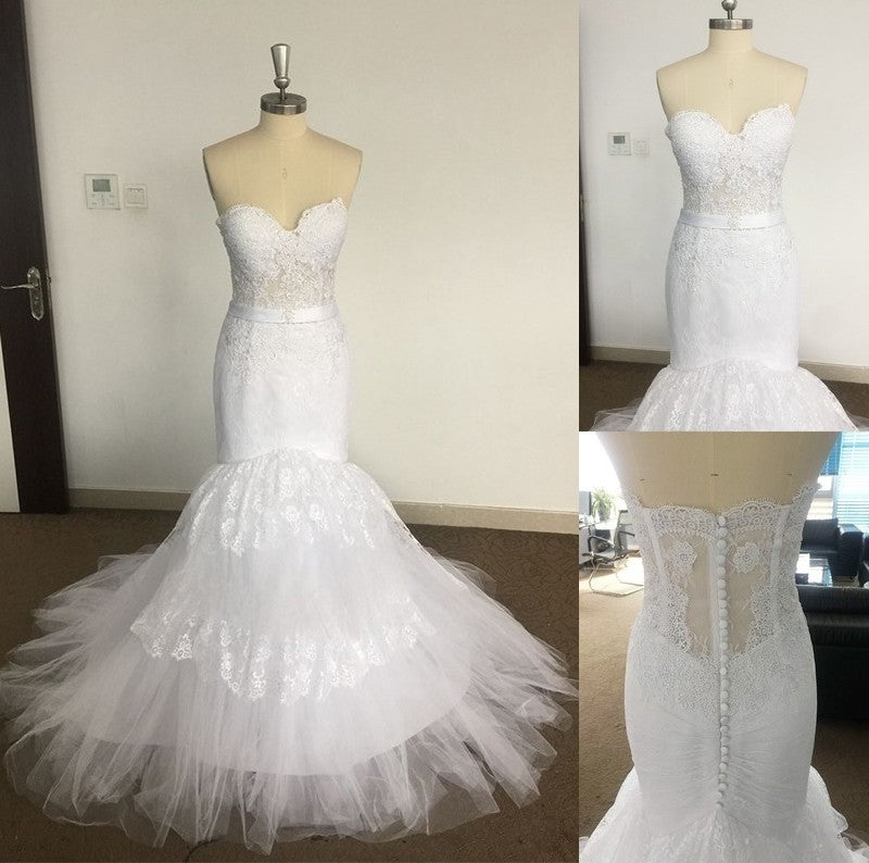 Lace Court Trumpet/Mermaid Sweetheart Tulle Train Sleeveless Wedding Dresses