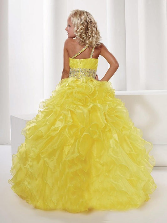 Sleeveless Long Gown Organza One-shoulder Beading Ball Flower Girl Dresses