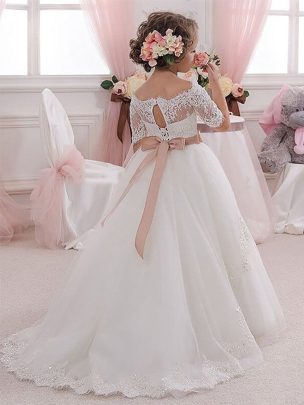 Ball Off-the-Shoulder Tulle Sleeves Gown Sash/Ribbon/Belt Short Flower Girl Dresses