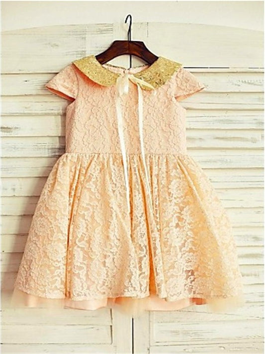 Tea-Length Scoop A-line/Princess Sequin Lace Short Sleeves Flower Girl Dresses