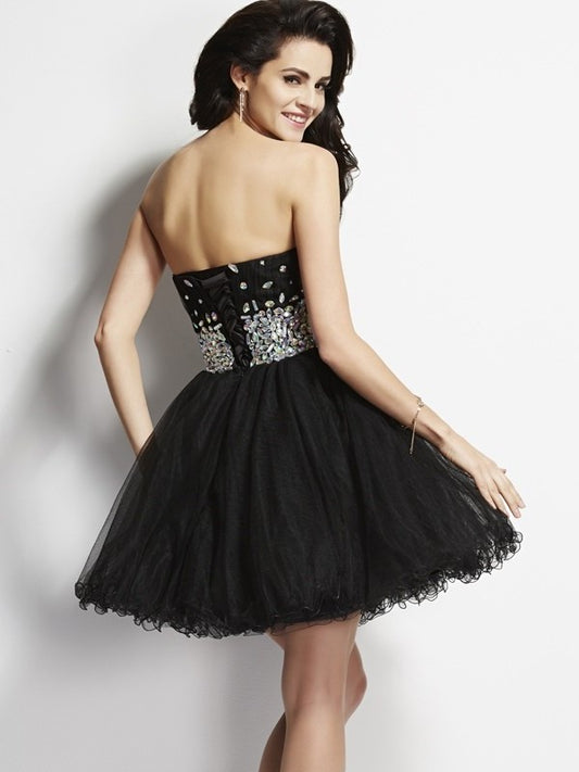 A-Line/Princess Short Elastic Beading Sleeveless Woven Sequin Sweetheart Satin Homecoming Dresses