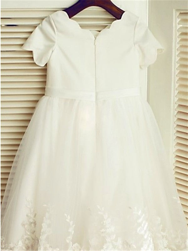 A-line/Princess Tea-Length Lace Short Sleeves Scoop Flower Girl Dresses