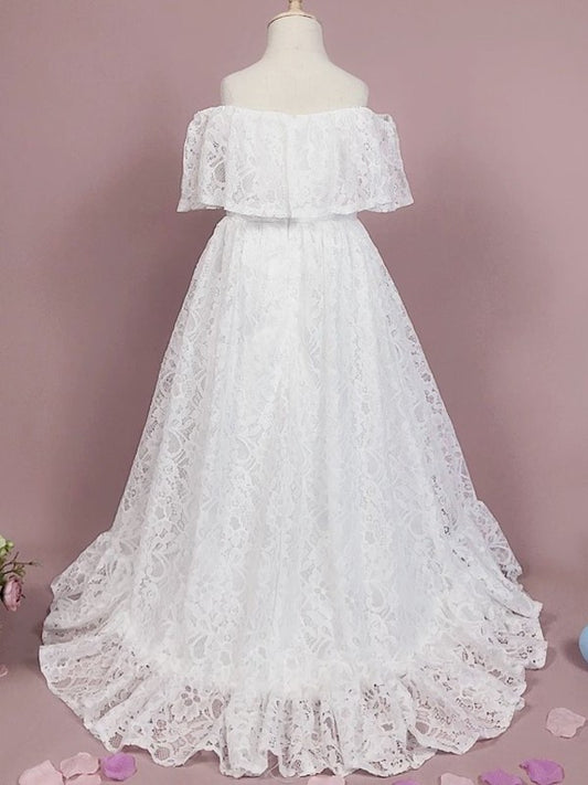 Off-the-Shoulder Ruffles Lace Floor-Length A-Line/Princess Sleeveless Flower Girl Dresses