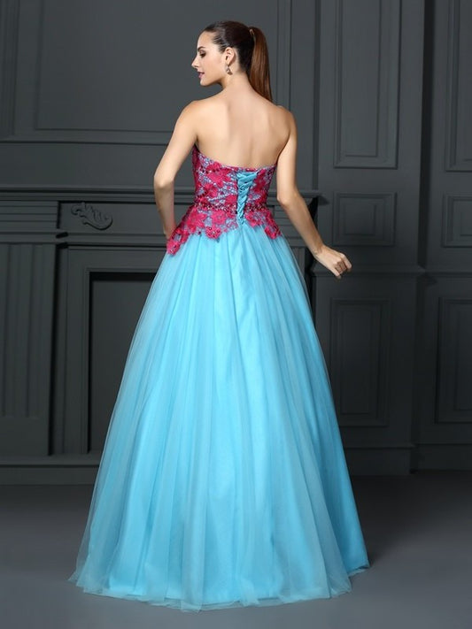 Ball Sweetheart Long Lace Gown Sleeveless Satin Quinceanera Dresses