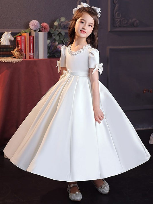 A-Line/Princess Short Tea-Length Satin Jewel Bowknot Sleeves Flower Girl Dresses