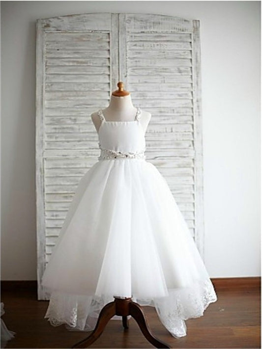 Spaghetti Straps Sleeveless Tulle A-line/Princess Beading Sweep/Brush Train Flower Girl Dresses