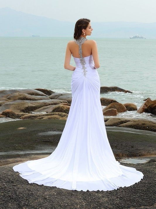 Straps Beading Sheath/Column Chiffon Sleeveless Long Beach Wedding Dresses