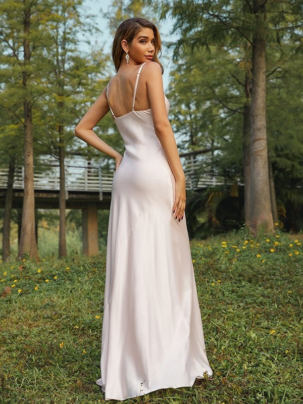 Sleeveless Sheath/Column Ruched Spaghetti Charmeuse Straps Sweep/Brush Train Bridesmaid Dresses