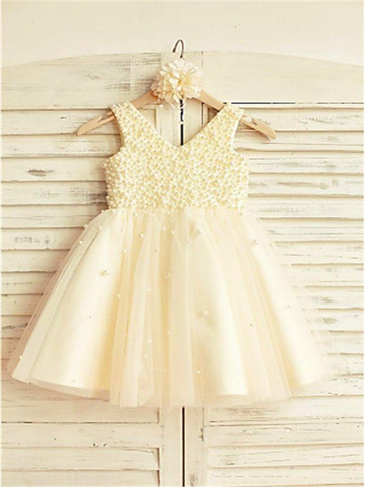 Tea-Length A-line/Princess V-neck Tulle Sleeveless Pearls Flower Girl Dresses