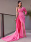 Charmeuse Sleeves Sheath/Column Long Ruched One-Shoulder Sweep/Brush Train Dresses