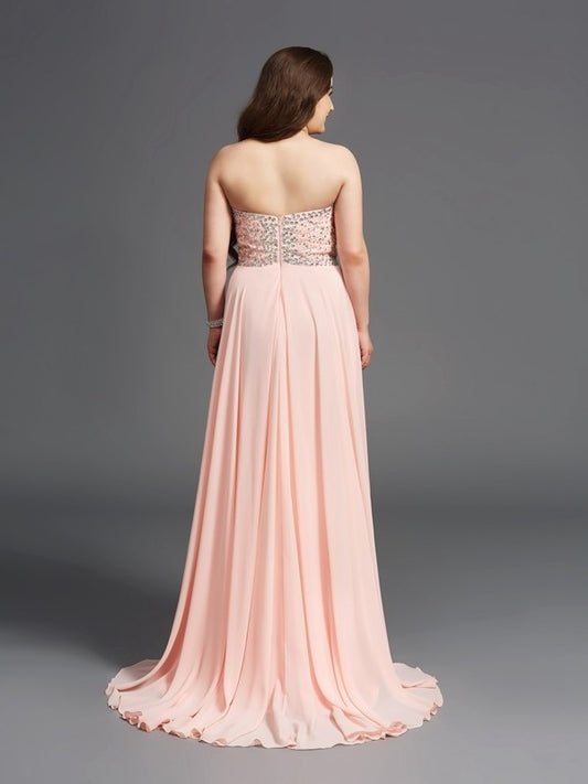 Sleeveless Chiffon Sweetheart A-Line/Princess Long Beading Plus Size Dresses