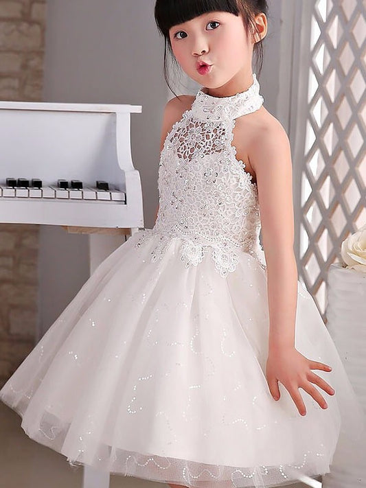 Tulle Sleeveless Knee-Length Beading Halter A-line/Princess Flower Girl Dresses