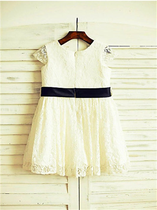 Short Flower Hand-made Scoop Lace A-line/Princess Sleeves Tea-Length Flower Girl Dresses