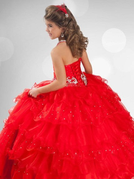 Sequin Organza Long Gown Halter Ball Sleeveless Rhinestone Flower Girl Dresses