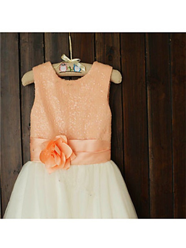 Tulle Tea-Length A-line/Princess Scoop Sequin Sleeveless Flower Girl Dresses