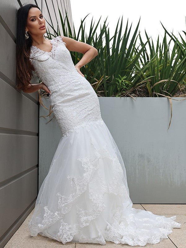 Tulle Trumpet/Mermaid Sleeveless V-neck Sweep/Brush Lace Train Wedding Dresses