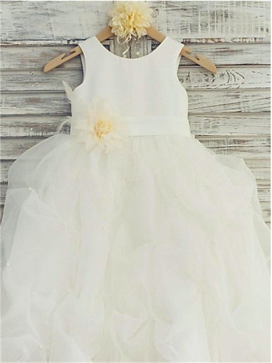 Hand-made Ball Floor-Length Scoop Gown Sleeveless Flower Organza Flower Girl Dresses