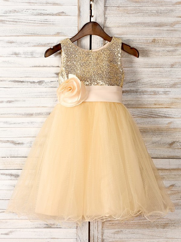 Sleeveless Tea-Length A-Line/Princess Scoop Hand-Made Flower Tulle Flower Girl Dresses