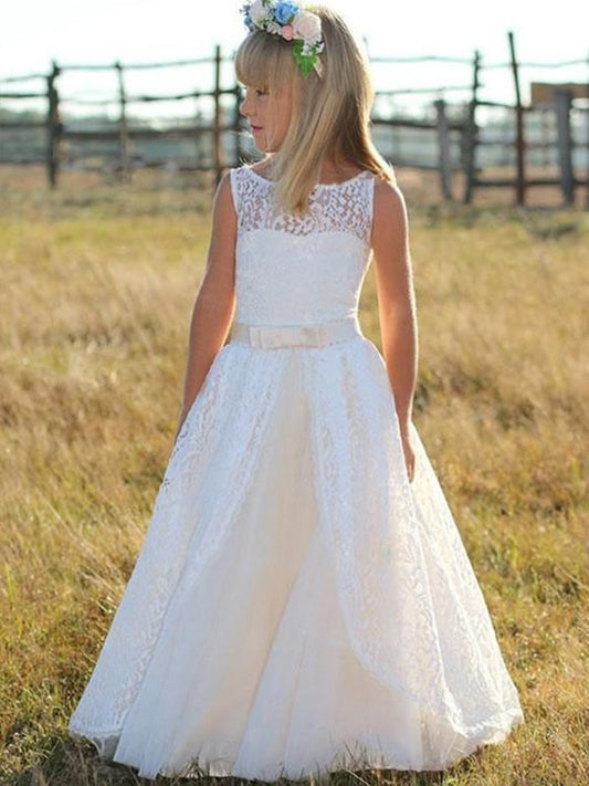 Scoop Sleeveless Lace Sash/Ribbon/Belt A-Line/Princess Floor-Length Flower Girl Dresses