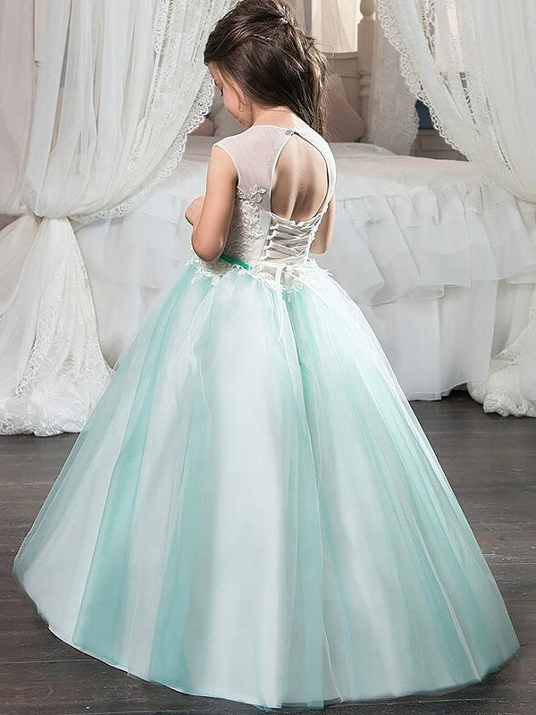 Gown Ball Tulle Sash/Ribbon/Belt Sleeveless Jewel Floor-Length Flower Girl Dresses