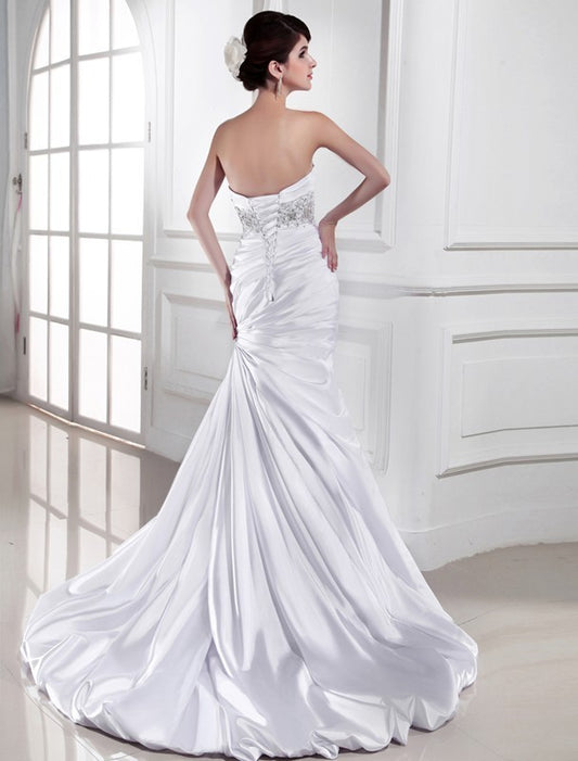 Elastic Sleeveless Beading Woven Trumpet/Mermaid Sweetheart Satin Wedding Dresses