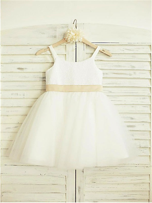 Tulle Sleeveless Knee-Length A-line/Princess Spaghetti Bowknot Straps Flower Girl Dresses