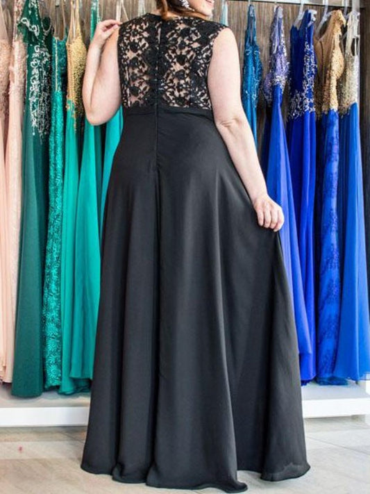 A-Line/Princess Sleeveless Applique Chiffon Floor-Length V-neck Plus Size Dresses