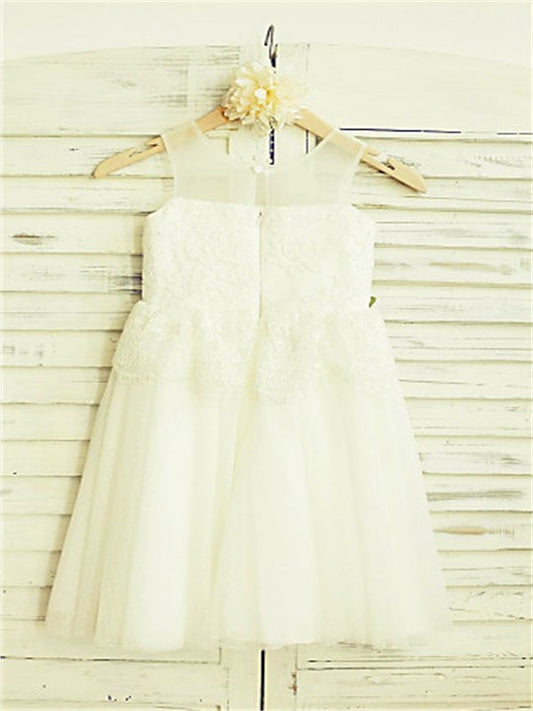 Tulle Tea-Length A-line/Princess Straps Hand-made Flower Sleeveless Flower Girl Dresses