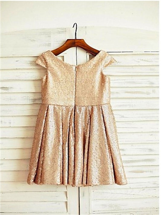 Tea-Length Sequins Short Sleeves Scoop A-line/Princess Flower Girl Dresses