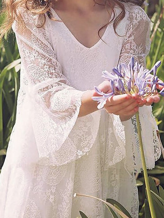 Long V-neck Sleeves Floor-Length A-Line/Princess Lace Flower Girl Dresses