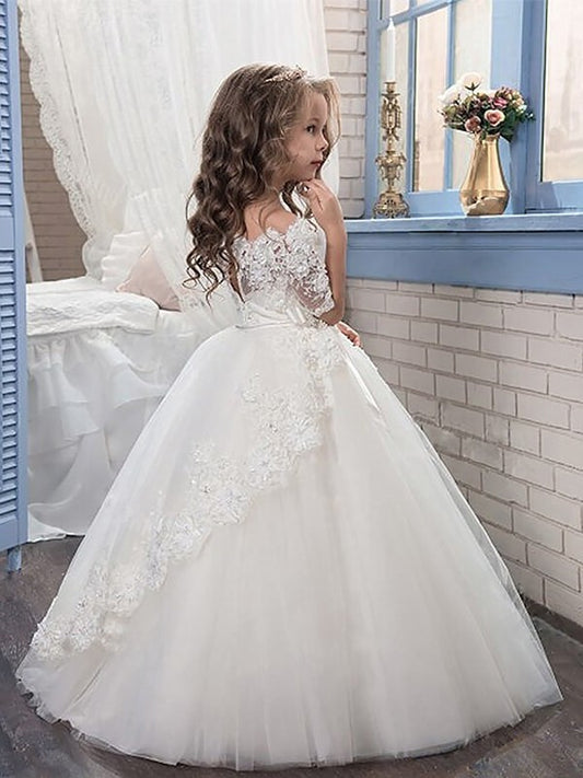 Floor-Length Sleeves Off-the-Shoulder Tulle Applique Ball Gown Short Flower Girl Dresses