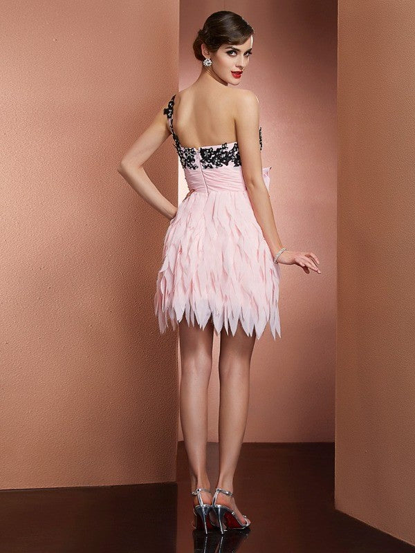 One-Shoulder Sleeveless A-Line/Princess Flower Short Hand-Made Chiffon Homecoming Dresses