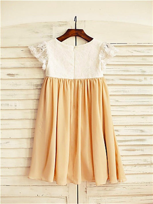 Tea-Length Chiffon Short Scoop A-line/Princess Sleeves Flower Girl Dresses