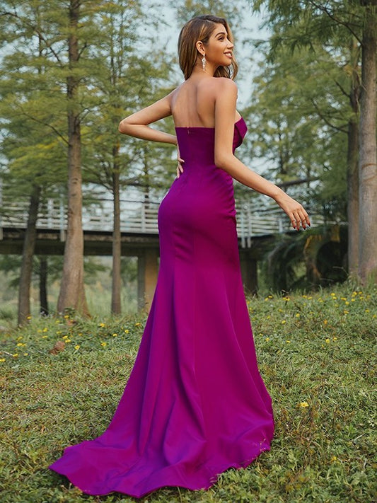 Sheath/Column Sweetheart Stretch Sweep/Brush Ruched Sleeveless Crepe Train Bridesmaid Dresses