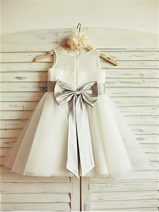 Tea-Length A-line/Princess Bowknot Sleeveless Tulle Scoop Flower Girl Dresses