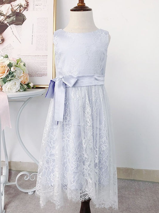 A-Line/Princess Bowknot Lace Scoop Tea-Length Sleeveless Flower Girl Dresses