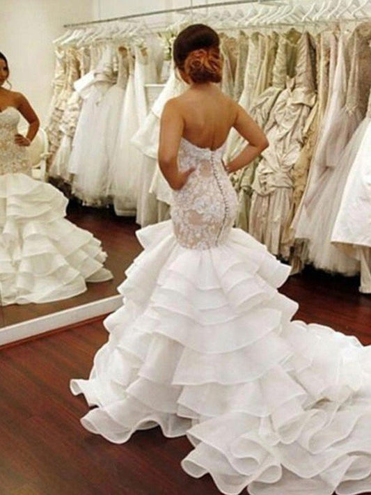 Applique Trumpet/Mermaid Train Ruffles Sleeveless Lace Sweetheart Chapel Organza Wedding Dresses