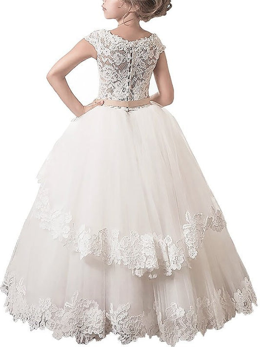 Ball Gown Tulle Floor-Length Lace Scoop Sleeveless Flower Girl Dresses