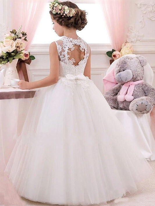 Gown Sleeveless Ball Floor-Length Applique Tulle Jewel Flower Girl Dresses