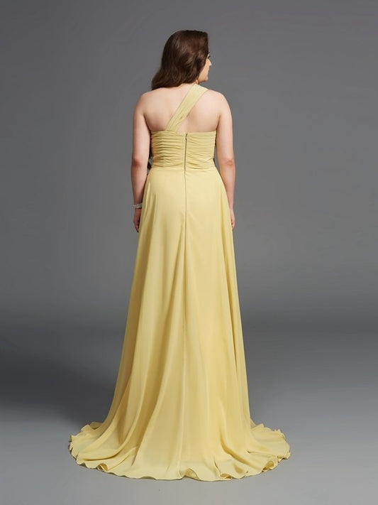 One-Shoulder Sleeveless Chiffon Rhinestone A-Line/Princess Long Plus Size Dresses