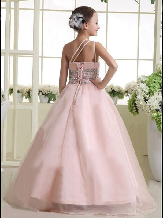 Beading One-shoulder Organza A-line/Princess Sleeveless Long Flower Girl Dresses