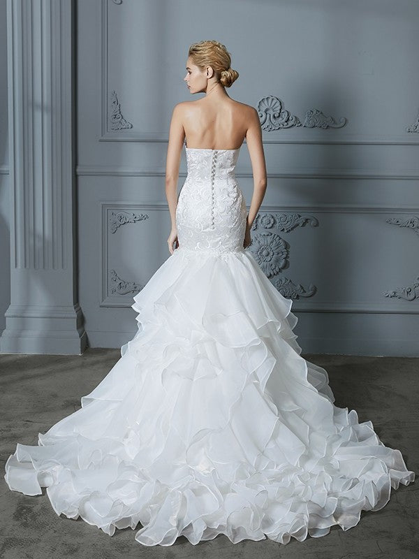 Train Sweep/Brush Trumpet/Mermaid Sleeveless Sweetheart Ruffles Organza Wedding Dresses