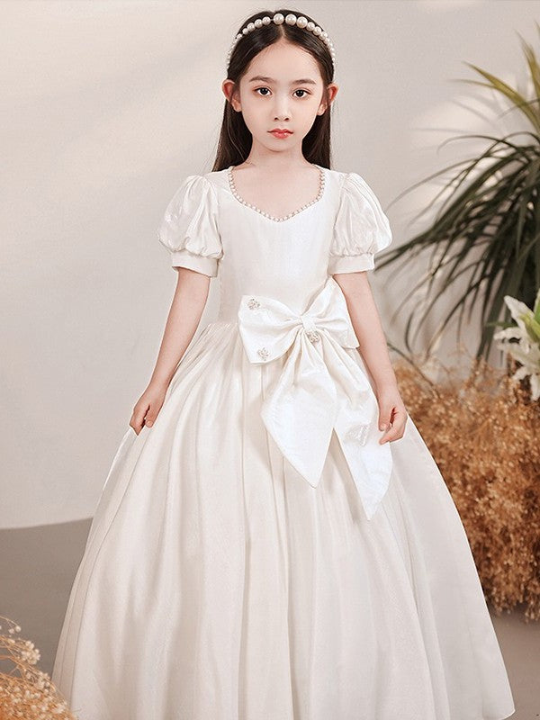 Short Bowknot Sleeves A-Line/Princess Satin Sweetheart Floor-Length Flower Girl Dresses