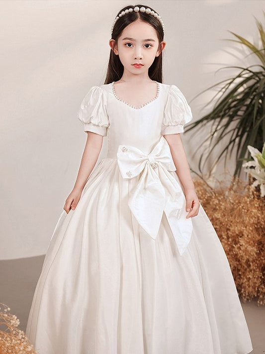 Short Bowknot Sleeves A-Line/Princess Satin Sweetheart Floor-Length Flower Girl Dresses