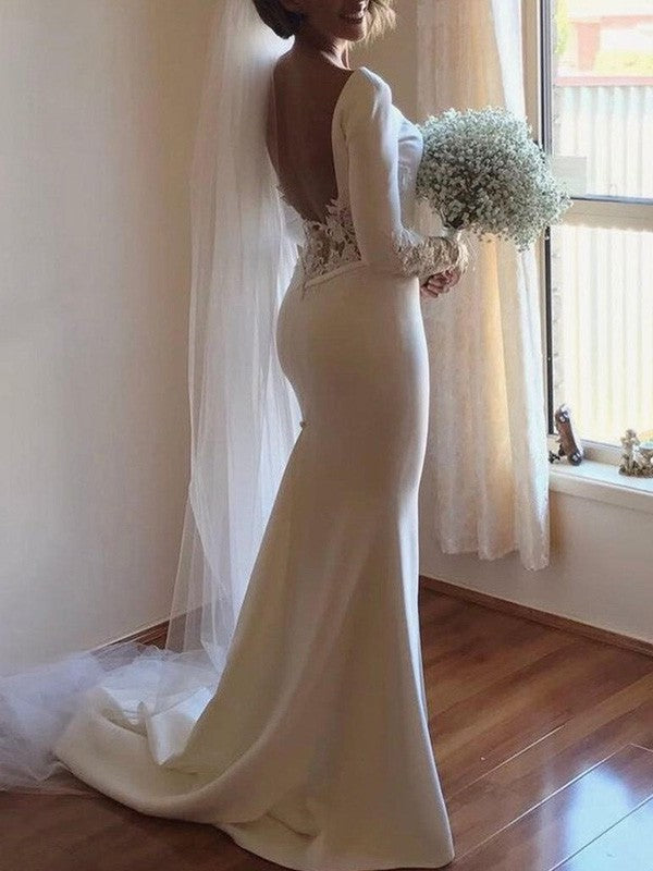 Long Sleeves Lace Court Trumpet/Mermaid Train Scoop Satin Wedding Dresses